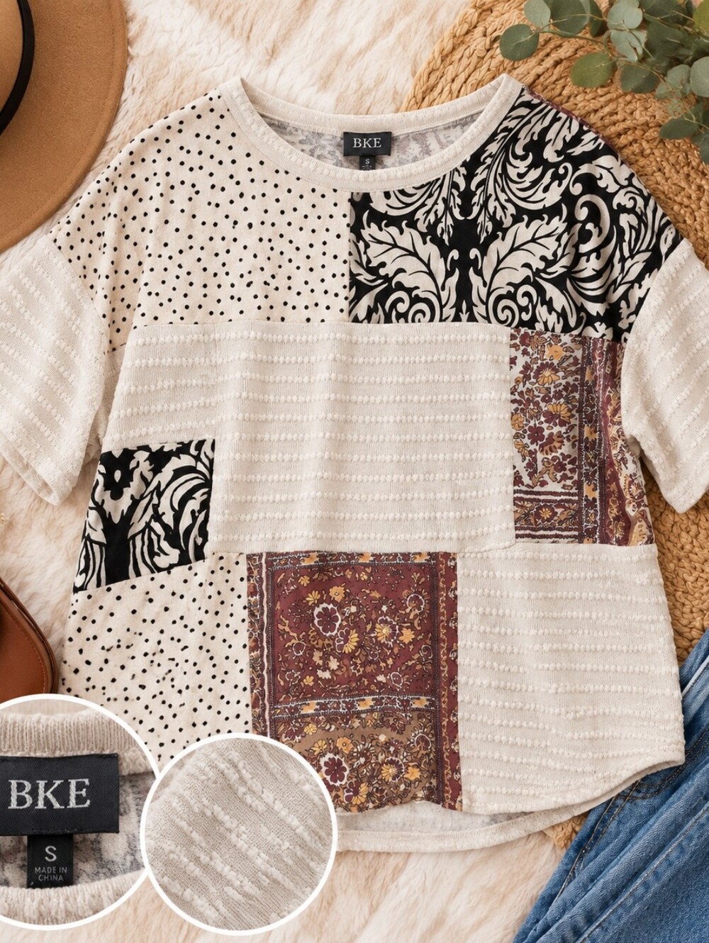 BKE Cream Patchwork Short Sleeve Top with Brown and Black Accents